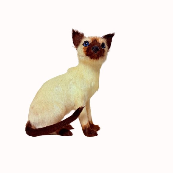 Realistic Siamese Cat Figurine Faux Fur Home Decor Collectible Blue Eyes - Picture 13 of 13